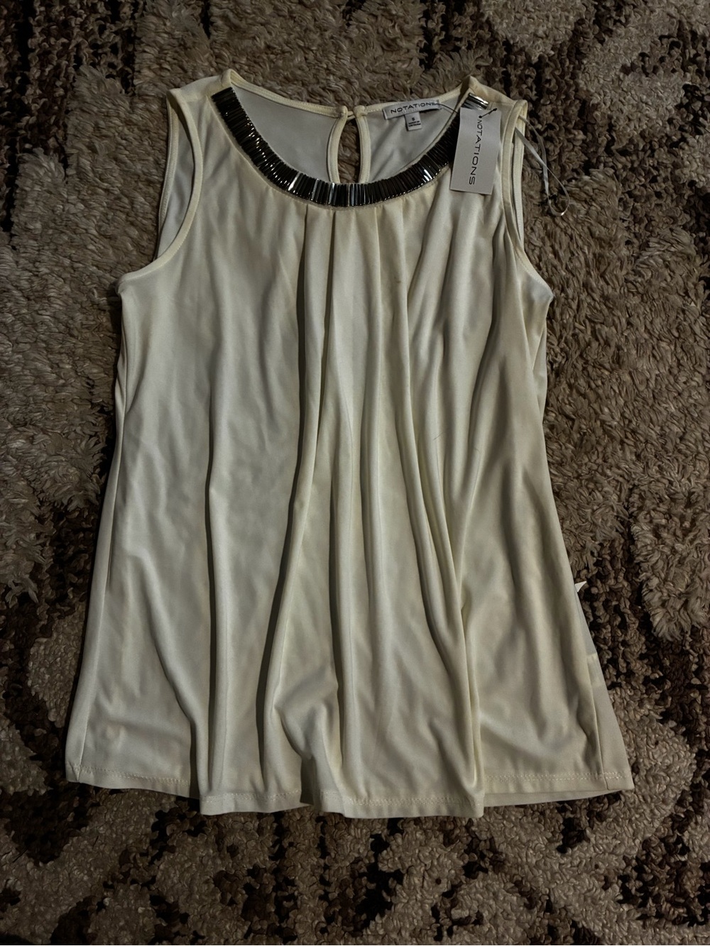 Notations Cream Sleeveless Tank with Metallic Beaded Neckline